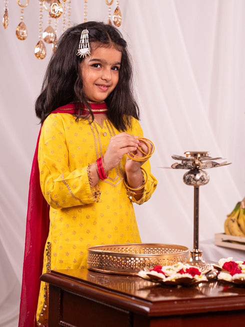 Girl's Yellow Kurta Salwar And Dupatta Set